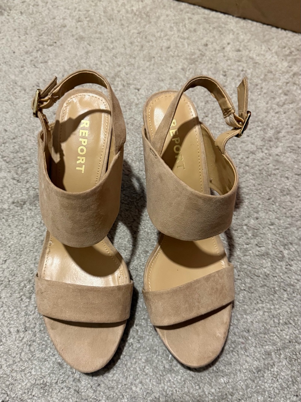 Report Beige Suede Block Heel Sandals